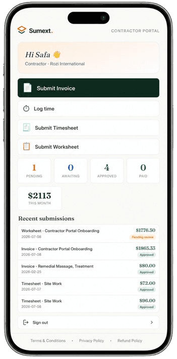 Sumext contractor portal home screen