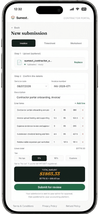 Sumext contractor invoice form with document, line items, tax and review submission