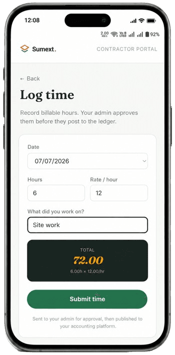 Sumext contractor time entry screen