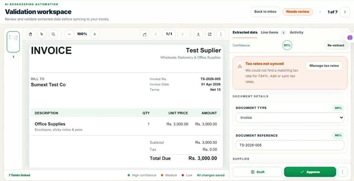 Sumext validation workspace with bill, extracted fields, exception and approval controls