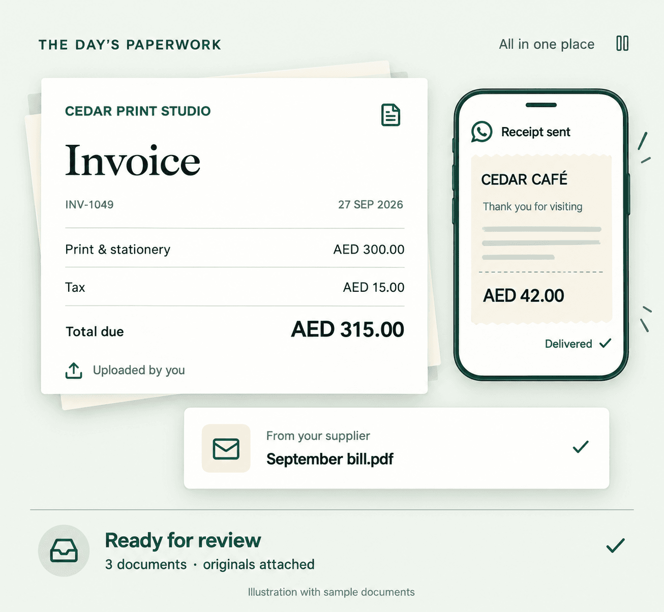 Illustrated supplier invoice, WhatsApp receipt and email attachment gathered for review.