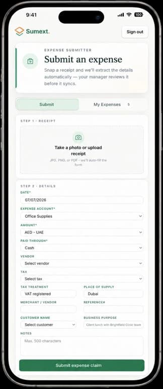 Sumext expense submitter mobile screen