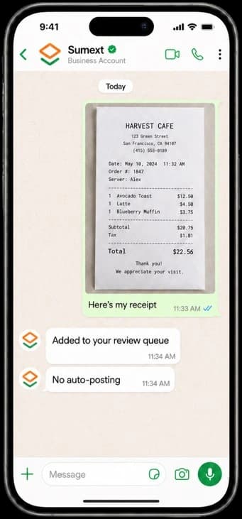WhatsApp receipt submission and Sumext review queue